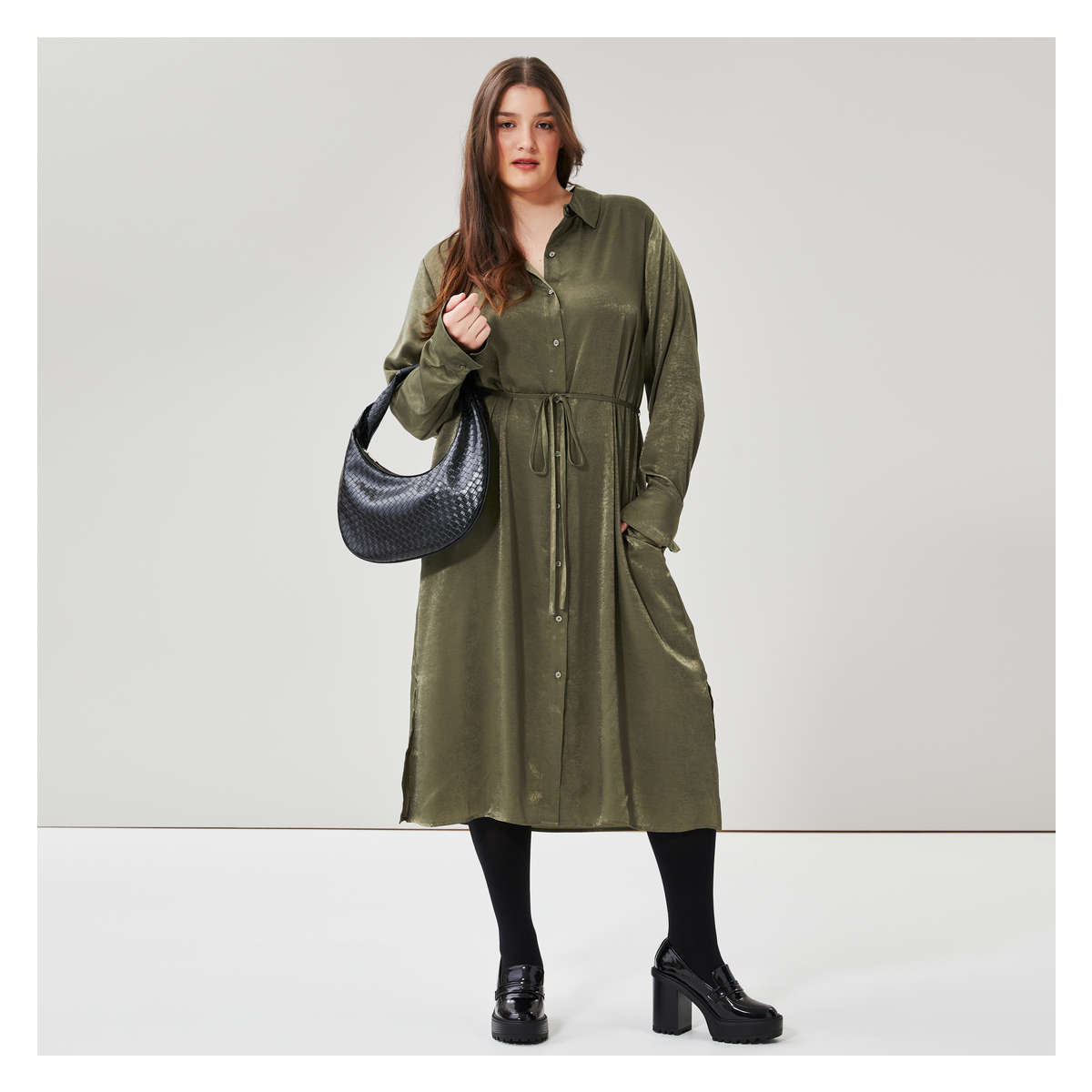 Green satin shirt dress online